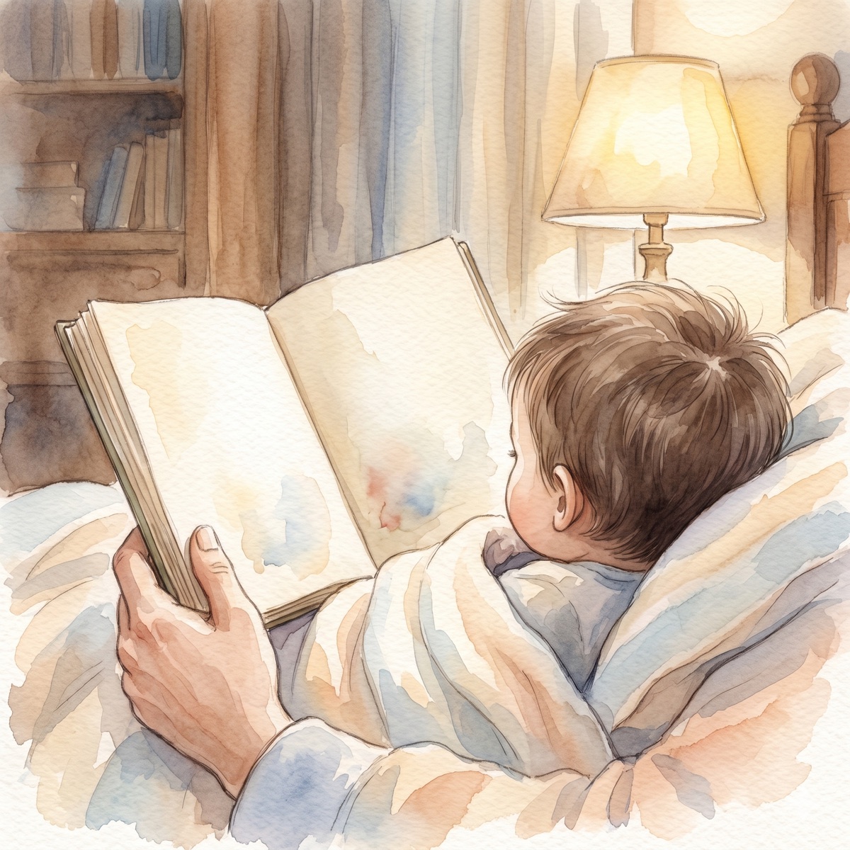 ベッドサイドの灯りの下で、絵本を聞く子ども