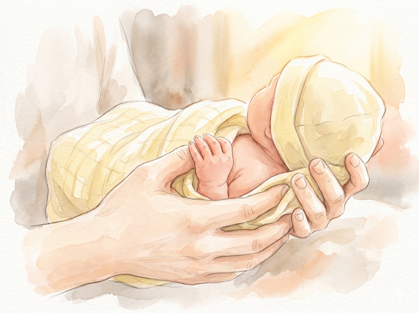 優しい手に抱かれた、生まれたばかりの赤ちゃん