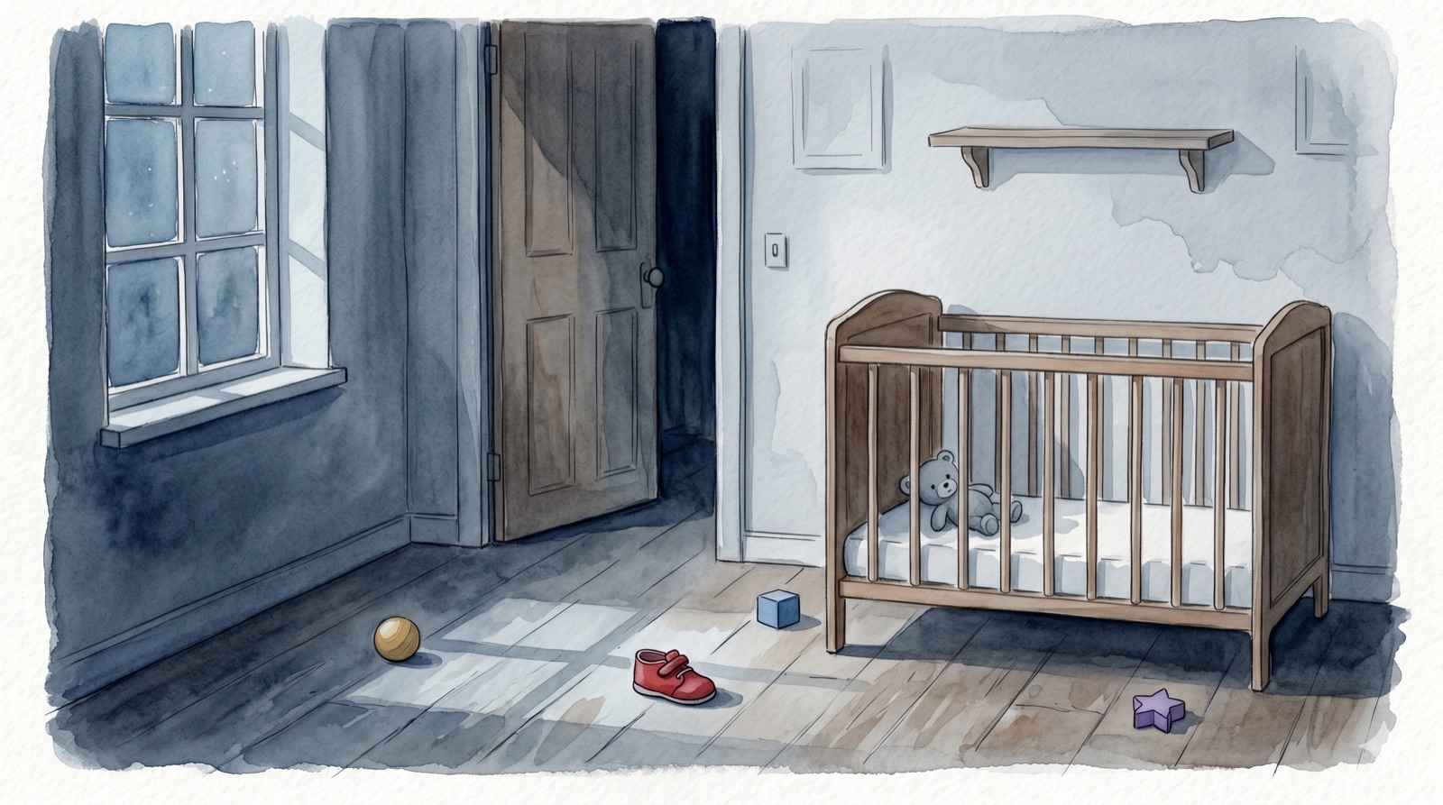 誰もいなくなった子ども部屋。床に残された片方の小さな赤い靴、空のベビーベッド、散らばったおもちゃ